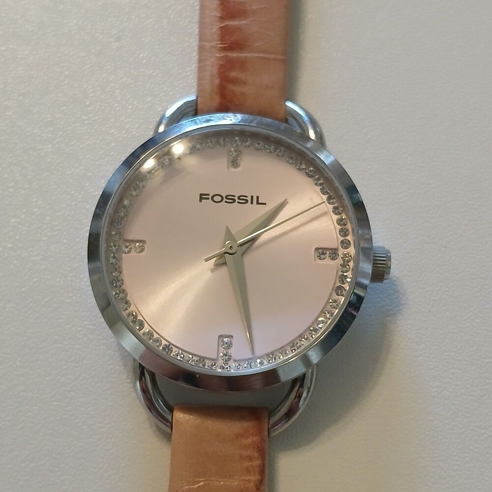 Parts/Repair Fossil F2 ES-1273 Women's Silver Tone Crystal Bezel Pink Watch